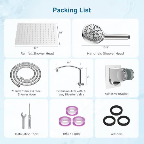 All Metal 12" High Pressure Rain Shower Head Combo