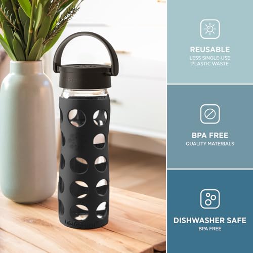 16-Ounce BPA-Free Glass Water Bottle with Classic Cap and Protective Silicone Sleeve, Onyx