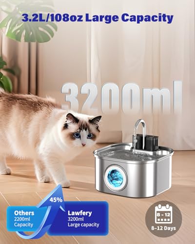3.2L 108oz Wireless Stainless Steel Cat Water Fountain