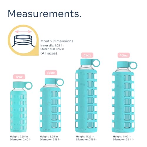 40oz / 32oz / 22oz / 12oz Borosilicate Glass Water Bottle with Time & Volume Markers, Silicone Sleeve, Stainless Steel Lid | Reusable Glass Bottle for Water & Juice (22oz Aqua Blue)