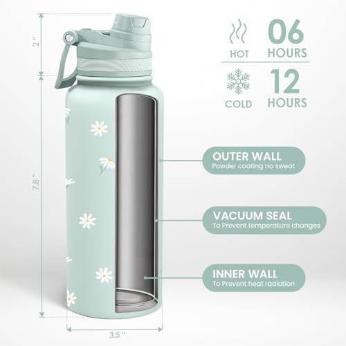 Mint Daisy Stainless Steel Water Bottle with Strap 32oz