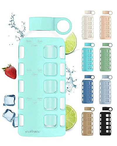 40oz / 32oz / 22oz / 12oz Borosilicate Glass Water Bottle with Time & Volume Markers, Silicone Sleeve, Stainless Steel Lid | Reusable Glass Bottle for Water & Juice (22oz Glow-in-the-Dark) (4 Count)