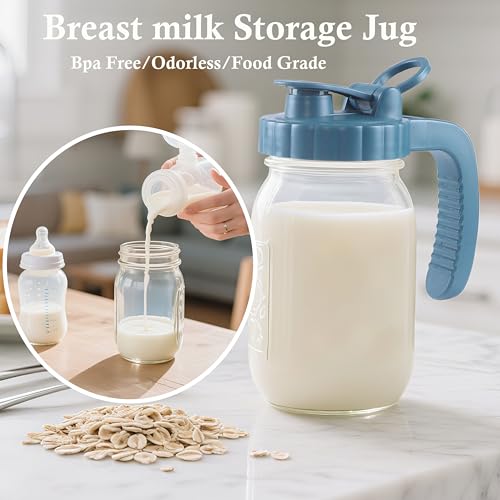 Mason Jar Pitcher 32 OZ With Pour Spout Lids 1 Quart Wide Mouth Water Pitcher Airtight And Leakproof Glass Carafe With Handle And Flip Cap For Milk
