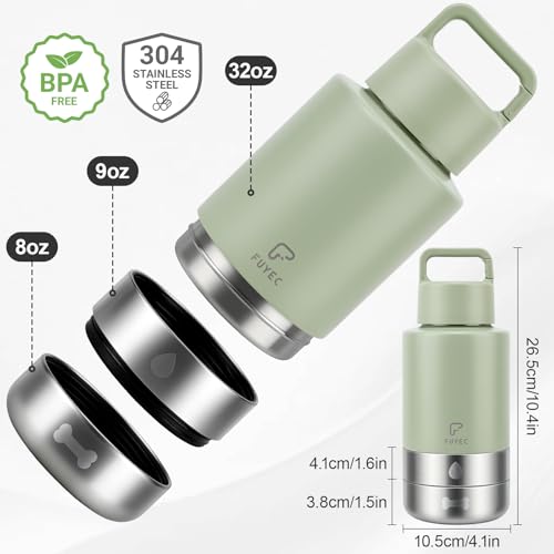 32oz 3-in-1 Dog Water Bottle Stainless Travel Cup with 2 Bowls,Green