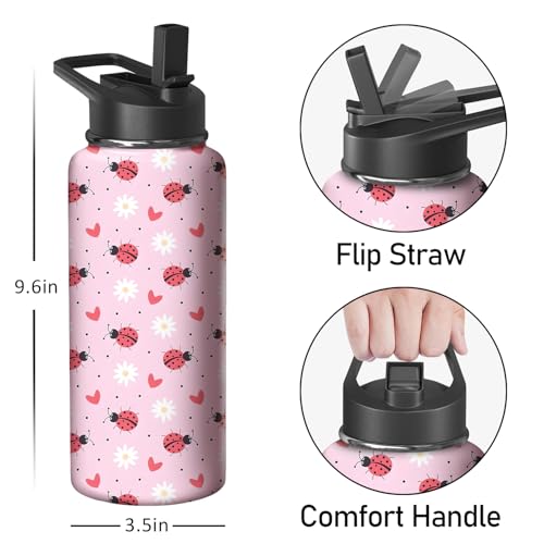 32oz Ladybug Water Bottle with Handle and Flip Straw