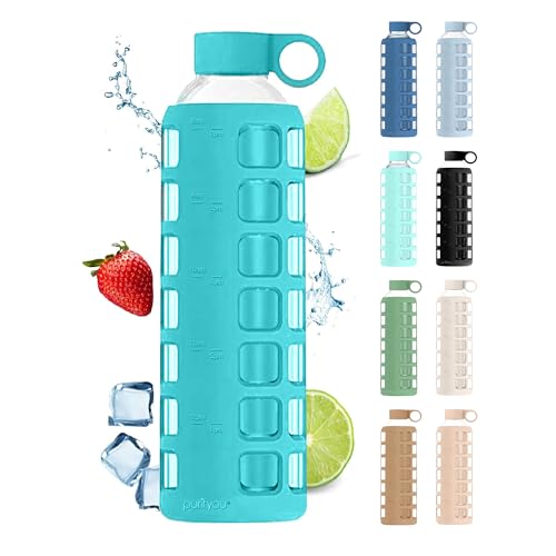 40oz / 32oz / 22oz / 12oz Borosilicate Glass Water Bottle with Time & Volume Markers, Silicone Sleeve, Stainless Steel Lid | Reusable Glass Bottle for Water & Juice (32oz Aqua Blue)