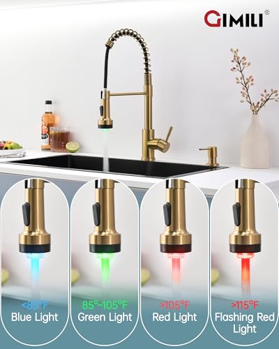 Gold LED Kitchen Faucet with Soap Dispenser and Pull Down Sprayer