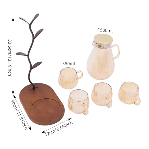 6 Pcs Glass Pitcher Set Jug with 6 Water Glasses & Cup Storage Shelf 1.5L (6 Count)