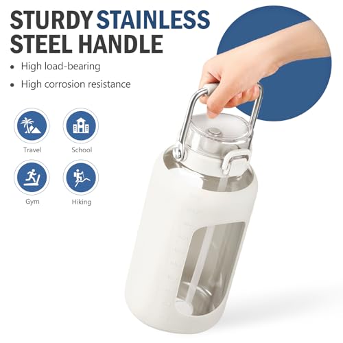 84oz Water Bottle Glass with Stainless Steel Handle Large 2.5l Water Bottle with Time Markers and Silicone Sleeve Half Gallon Water Jug BPA Free for Gym Daily Use