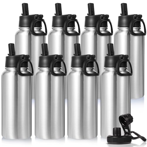 32 oz Insulated Water Bottles Bulk with 2 Lids (8 Count)