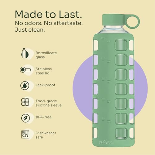 40oz / 32oz / 22oz / 12oz Borosilicate Glass Water Bottle with Time & Volume Markers, Silicone Sleeve, Stainless Steel Lid | Reusable Glass Bottle for Water & Juice (40oz Shale Green)