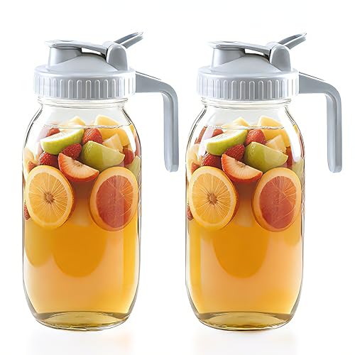 Glass Mason Jar Pitcher With Lid 64 Oz Wide Mouth Sun Tea Jar Half Gallon Cold Hot Water Pitcher 2 Quart Brew Coffee Jug Carafe For Fridge (2 Count)
