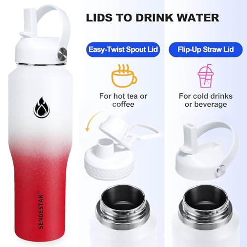 32oz Water Bottle Wide Mouth Stainless Steel Vacuum Insulated Double Wall with 2 Straw Lids Fit in Any Car Cup Holder