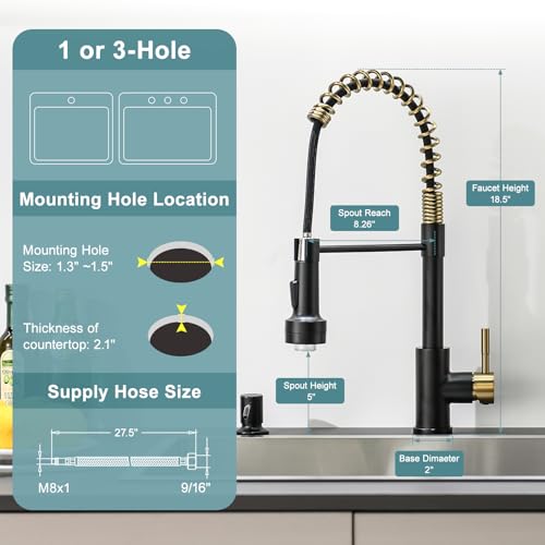 Led Black and Gold Kitchen Faucet with Soap Dispenser
