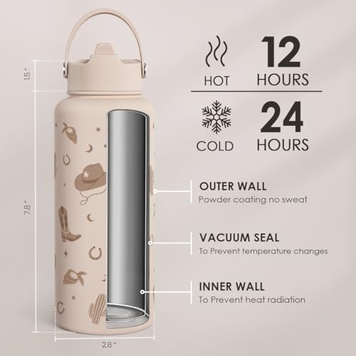 Western Cowgirl Water Bottle 32oz Stainless Steel with Lid