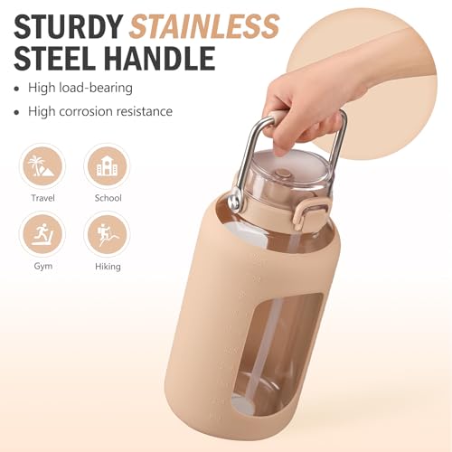 84oz Water Bottle Glass with Stainless Steel Handle Large 2.5l Water Bottle with Time Markers and Silicone Sleeve Half Gallon Water Jug BPA Free for Gym Daily Use