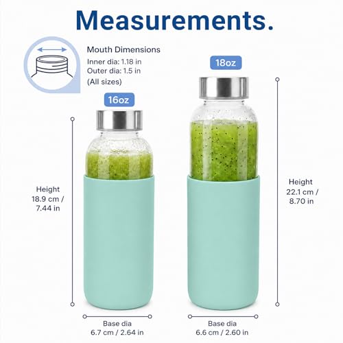 16 oz Glass Water Bottles with Lids and Silicone Sleeve 4 Pack