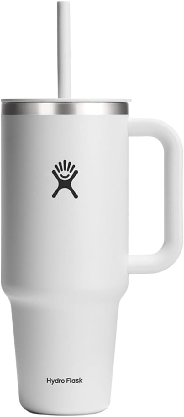 Hydro Flask Travel Tumbler with Handle, Lid and Straw - Insulated Stainless Steel in 40 Oz White