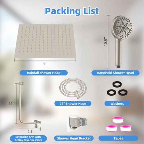 8" Metal Rainfall Shower Head with 10