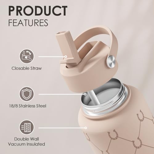 Horse Water Bottle 32oz Stainless Steel with Lid & Straw