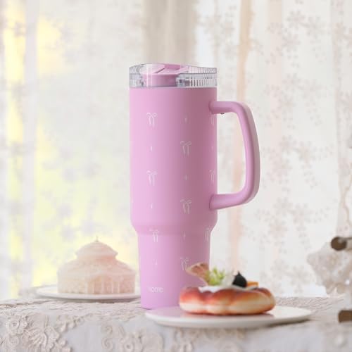 DetaClean 40oz Elegant Bow Pink Tumbler with Handle and Flip Straw for Women