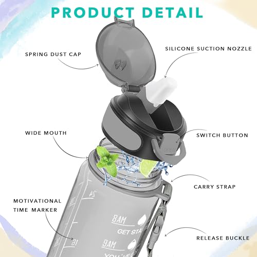 32 oz Water Bottle with Times to Drink and Straw