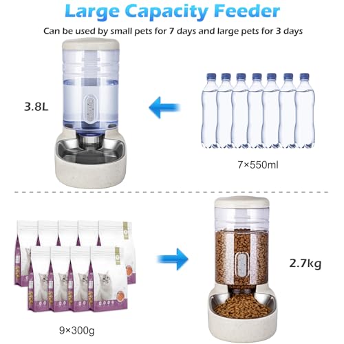 Automatic Cat Feeder and Water Dispenser with Stainless Steel Bowl Gravity Food Feeder and Waterer Set for Small Medium Dog Puppy Kitten 1 Gallon x 2