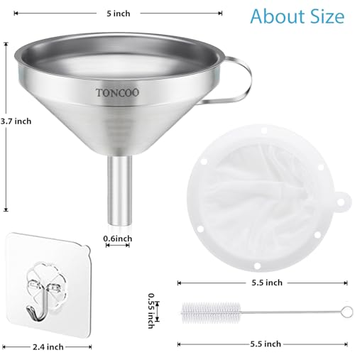 5 Inch Stainless Steel Funnel with Strainer and 200 Fine Mesh Filter (100 Count)