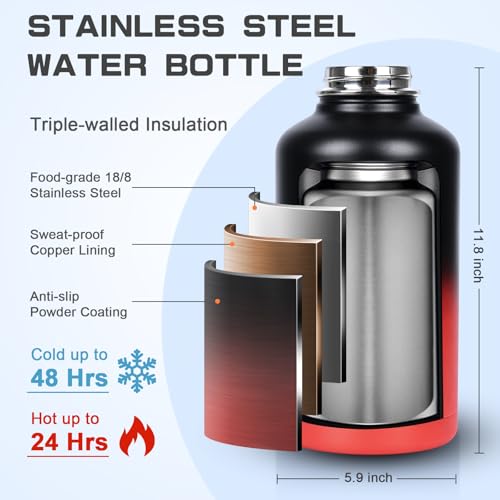 1 Gallon Water Bottle Insulated 128oz Stainless Steel Jug