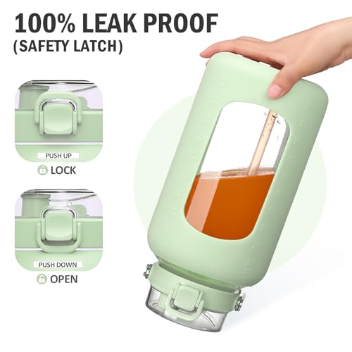 84oz Water Bottle Glass with Stainless Steel Handle Large 2.5l Water Bottle with Time Markers and Silicone Sleeve Half Gallon Water Jug BPA Free for Gym Daily Use