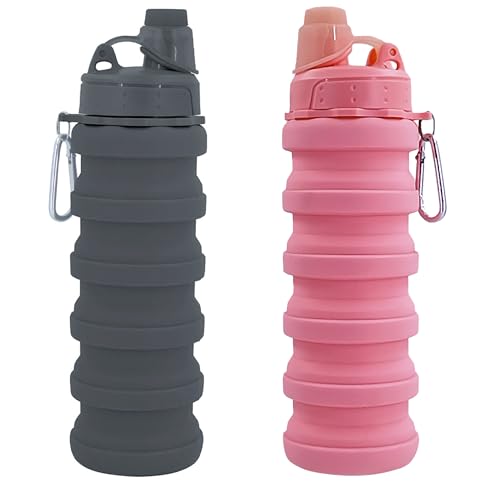 Collapsible Water Bottles Two Pack Travel Sports Portable Sport Bottle comes with mountaineering Buckle 500ml Silicone Water (2 Count)