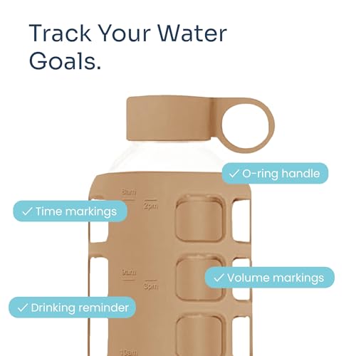 40oz / 32oz / 22oz / 12oz Borosilicate Glass Water Bottle with Time & Volume Markers, Silicone Sleeve, Stainless Steel Lid | Reusable Glass Bottle for Water & Juice (32oz Iced Coffee)