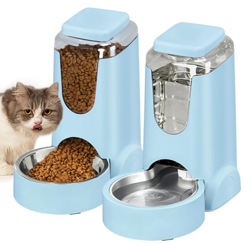 Portable Automatic Cat Feeder and Water Dispenser with Stainless Steel Bowl Dog Gravity Food Feeder and Waterer for Small Medium Pets Puppy Kitten 1 Gallon x 2