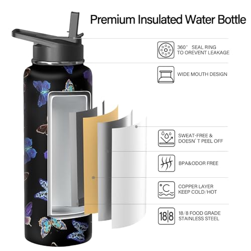 40oz Butterfly Water Bottle with Handle and Flip Straw