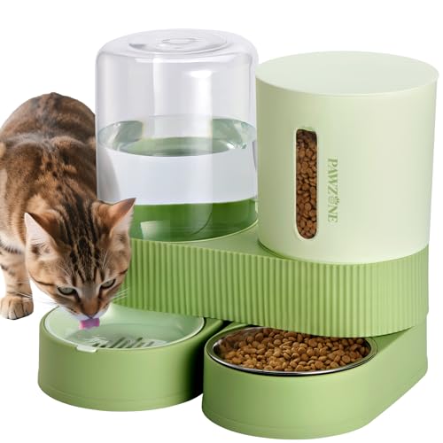 Automatic Cat Feeder Stainless Steel Water Dispenser Gravity Food Feeder and Waterer Set with Pet Food Bowl for Small Medium Kitten Puppy Pets Large Capacity