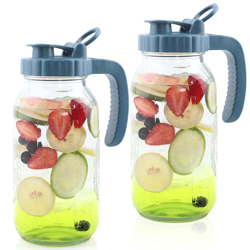 Mason Jar Pitcher 2 Quart With Pour Spout Lids 2 Pack 64 Oz Wide Mouth Water Pitcher Airtight And Leakproof Glass Carafe With Handle And Flip Cap For Milk (2 Count)