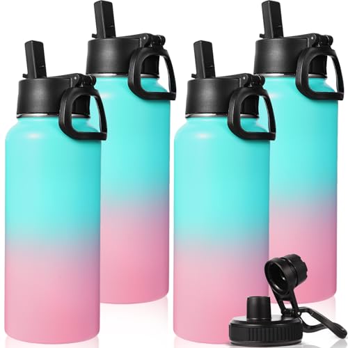 32 oz Insulated Water Bottles Bulk with 2 Lids (4 Count)