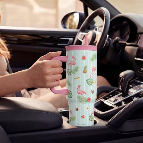 Tropical Stainless Steel Locking Lid Silicone Straw Tumbler with Handle 40oz