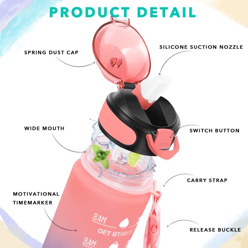 32 oz Drinking Water Bottle with Times to Drink and Straw