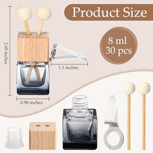 30 Pcs Car Air Freshener Diffuser with Vent Clip Empty Car Diffuser Bottles for Essential Oil Perfume Glass Bottle with Wooden Caps Stick (30 Count)