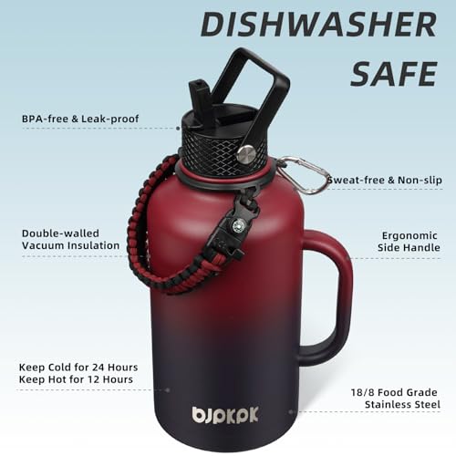 64oz Insulated Water Bottle with Straw Lid Large Stainless Steel Jug