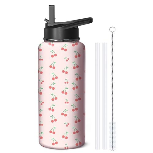 32oz Cherry Water Bottle with Handle and Flip Straw