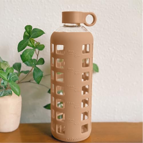40oz / 32oz / 22oz / 12oz Borosilicate Glass Water Bottle with Time & Volume Markers, Silicone Sleeve, Stainless Steel Lid | Reusable Glass Bottle for Water & Juice (32oz Iced Coffee)