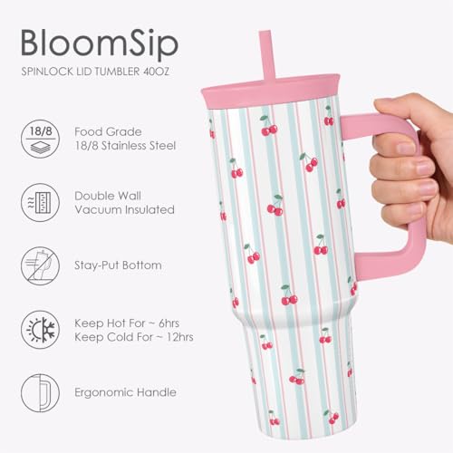 Cherry Stainless Steel Locking Lid Silicone Straw Tumbler with Handle 40oz