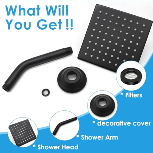 6 Inch Square Shower Head Black Stainless Steel High Pressure Rain Shower Heads with Extension Arm Adjustable Angle Replacement Shower Head for Modern Bathroom