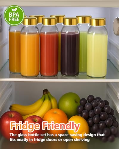 10.5 oz Glass Juice Bottles with Stainless Steel Gold Lid Leak Proof (6 Count)