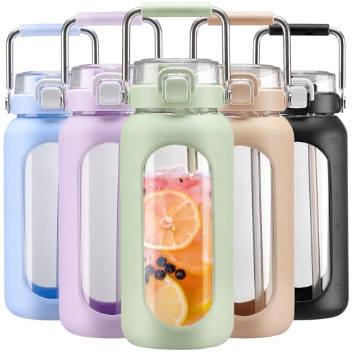 64oz Water Bottle Glass with Stainless Steel Handle Large Water Bottle with Time Markers and Silicone Sleeve Half Gallon Water Jug BPA Free for Gym Daily Use