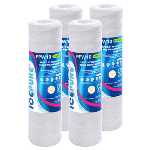 50 Micron 10" x 2.5" String Wound Sediment Water Filter Cartridge for Well filter Universal Replacement for Any 10 inch RO Unit (4 Count)