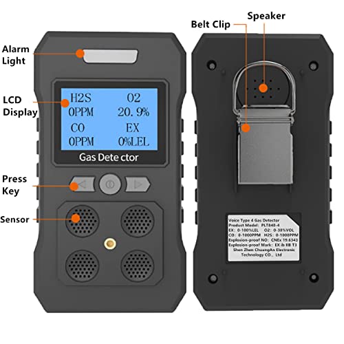 4 Gas Monitor Rechargeable Portable Gas Detector H2S O2 CO and LEL Multi Gas Monitor Professional Gas Sniffer with LCD Display Sound Light Vibration Alarm Mode