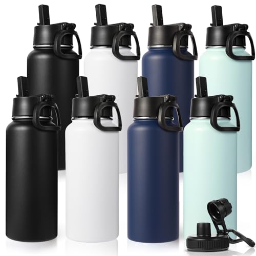 32 oz Insulated Water Bottles Bulk with 2 Lids (8 Count)
